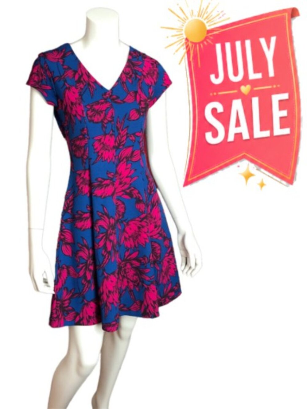 Banana Republic Floral Fit & Flare Dress Pink Blue Stretch V-Neck Size 4